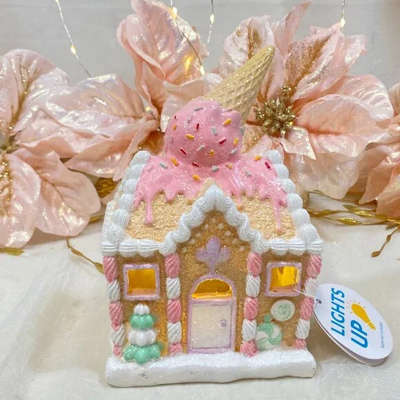Pastel Holiday Christmas Gingerbread Ice Cream Shop Pink Led Light Up House - Picture 2 of 7